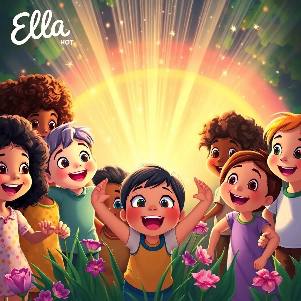 Ella and her friends, excited kids from diverse backgrounds, gathering around the shimmering rainbows in Ella's garden, with wide eyes and smiles, illustration, bright colors, cheerful mood, high quality
