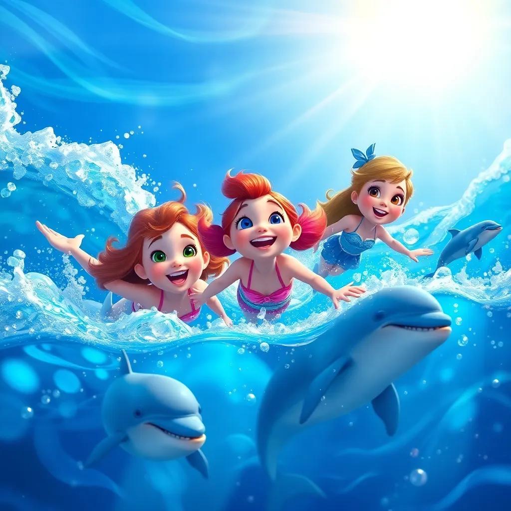 Ella and her friends joyfully exploring a sparkling ocean, swimming with friendly dolphins, under a bright sun with waves splashing around, detailed digital art, vibrant colors, joyous mood, high quality