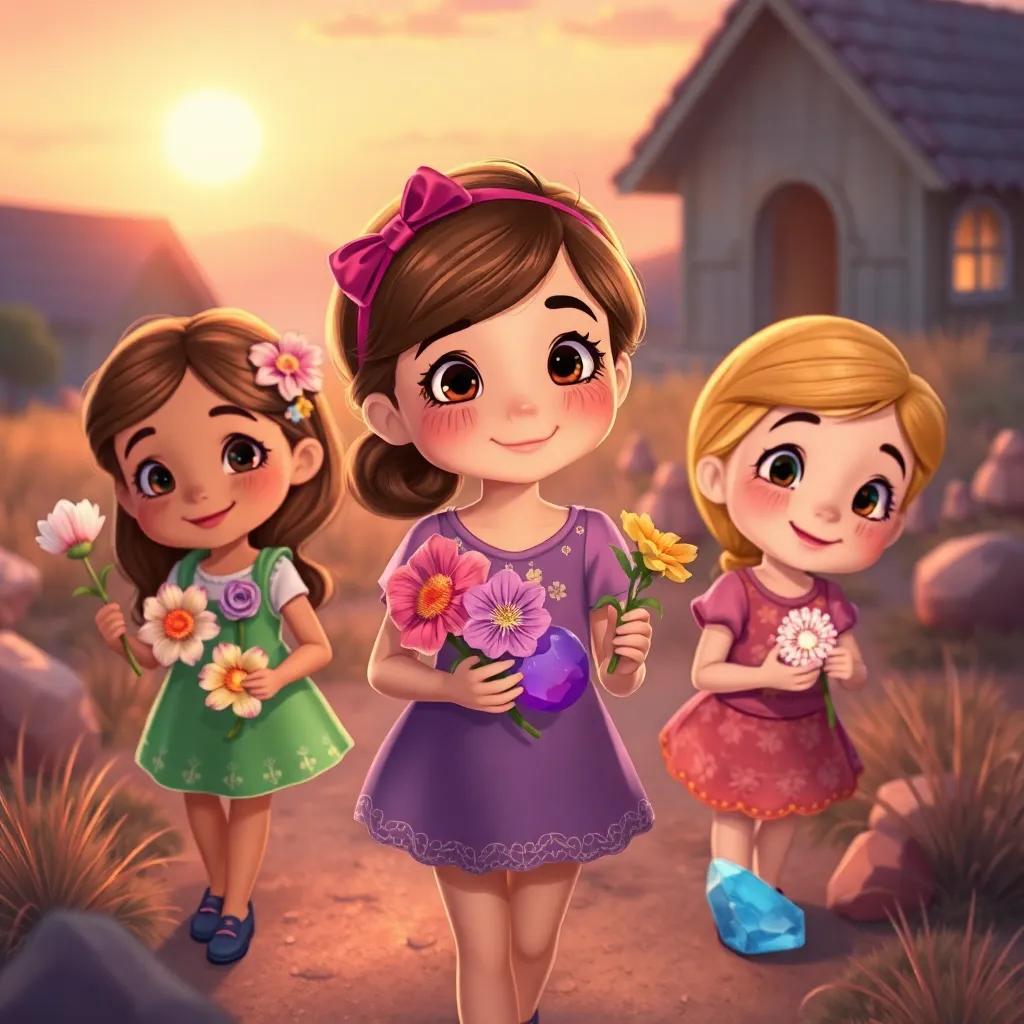 Ella and her friends returning home with beautiful treasures from their adventures, holding candy flowers, sparkling shells, and shiny stones, under the soft glow of the evening sun, heartwarming illustration, high quality