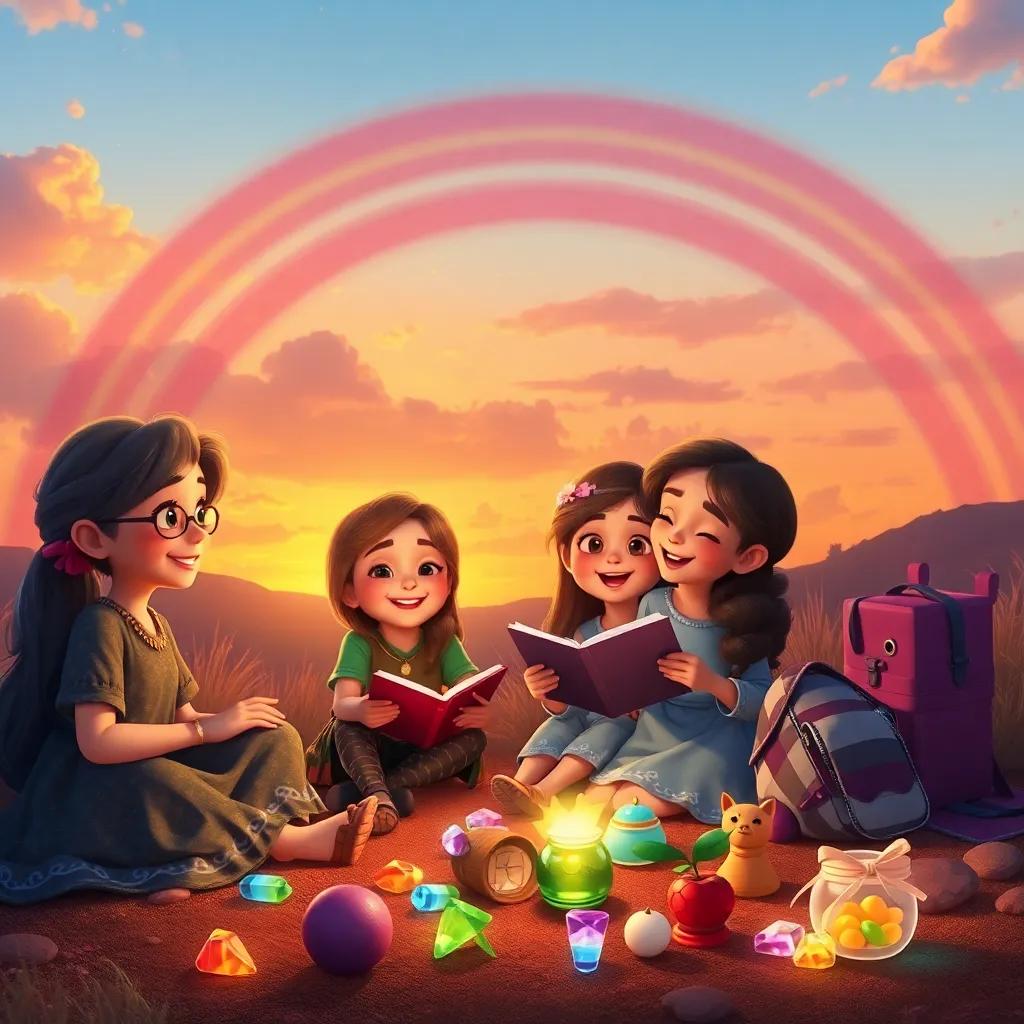 Ella and her friends sitting beneath the last rainbow, sharing stories and laughing, with colorful treasures around them, warm sunset lighting, cozy atmosphere, high quality