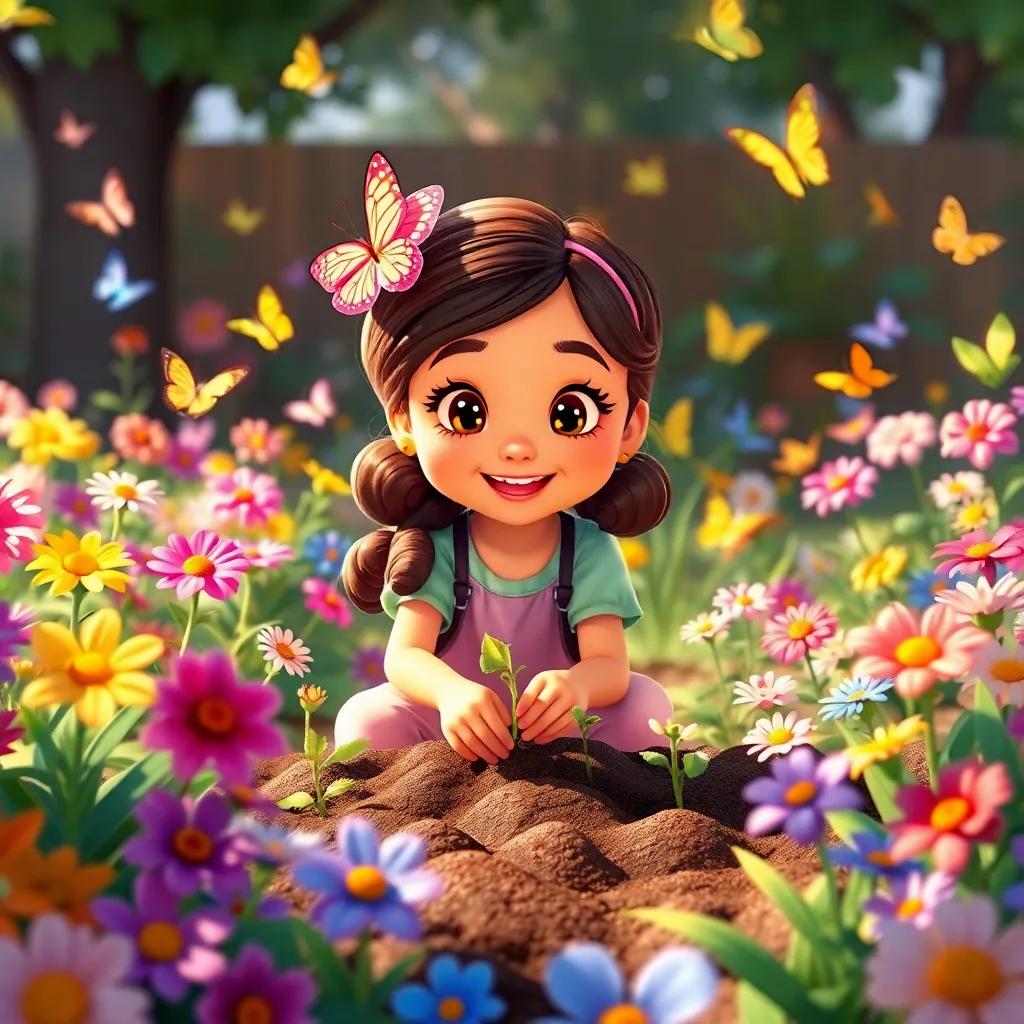 Ella, a cheerful girl, surrounded by her friends, planting magical seeds in a vibrant garden, filled with colorful flowers and fluttering butterflies, digital art, bright and happy scene, inviting atmosphere, high quality