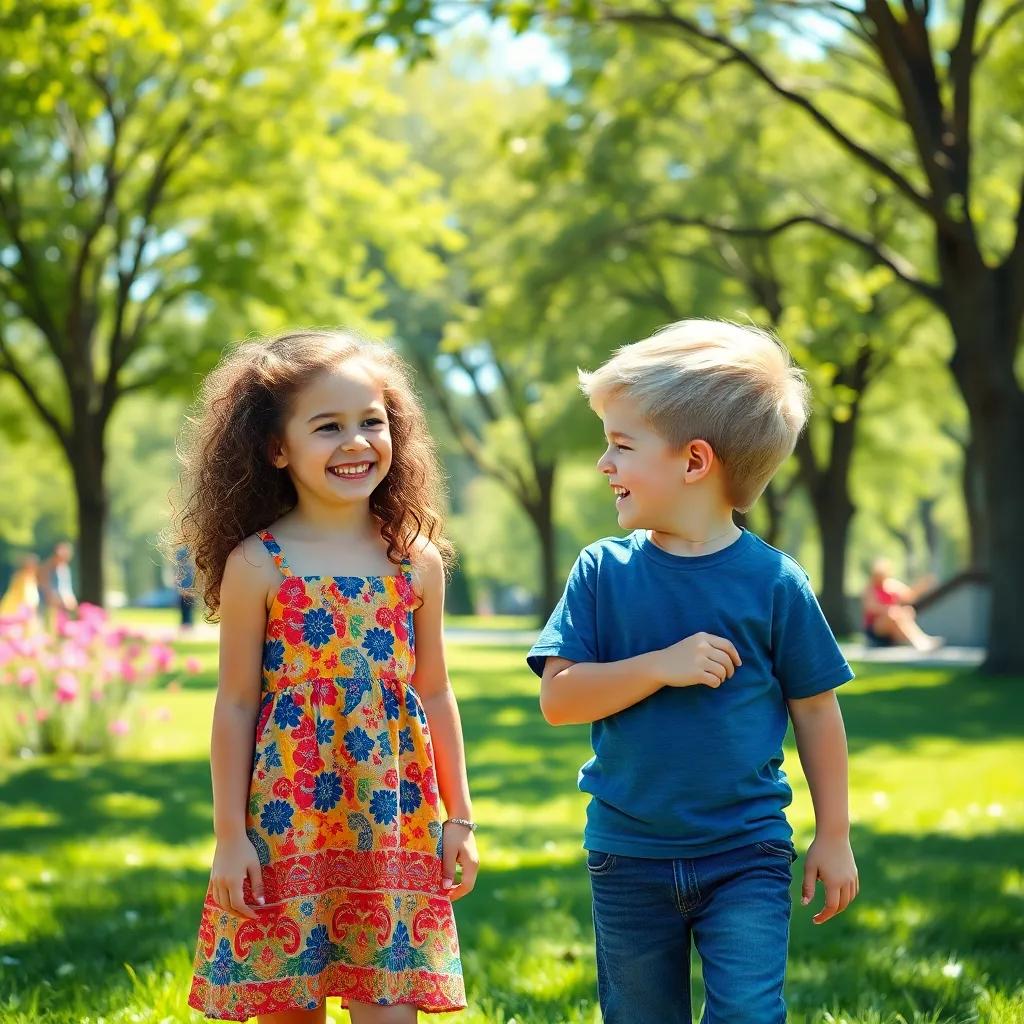In a bright sunny park, two children, Ella, a young girl with long, curly brown hair wearing a colorful sundress, and Tommy, a boy with short blonde hair in a blue t-shirt and jeans, are laughing and planning their adventure, vibrant scene, cheerful atmosphere, high quality