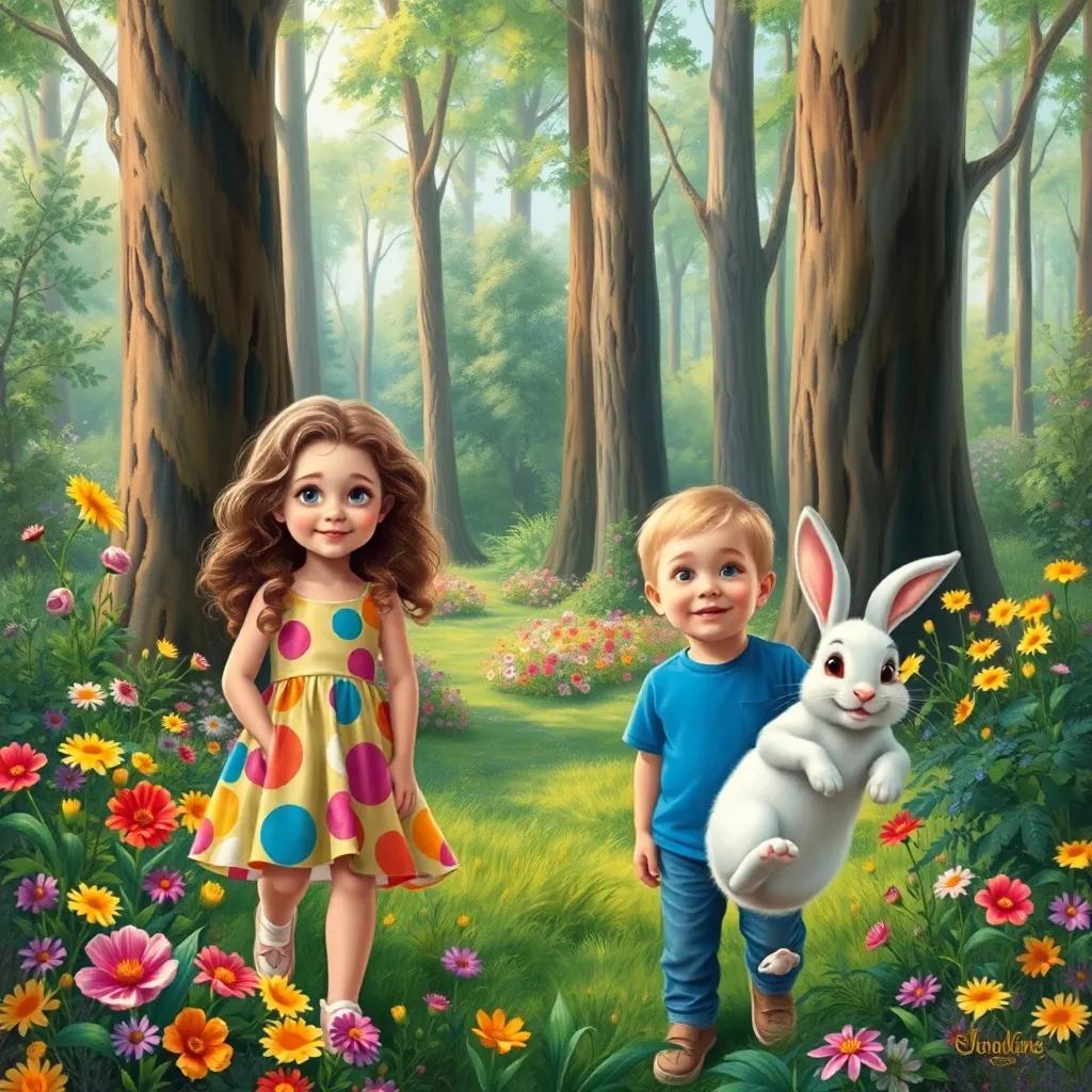 In a magical forest filled with tall trees and colorful flowers, Ella, a young girl with long, curly brown hair in a colorful sundress, and Tommy, a boy with short blonde hair in a blue t-shirt and jeans, are looking around with wide eyes, Mr. Whiskers, a cheerful white rabbit, hops in with a big smile, enchanting scene, bright and colorful, high quality