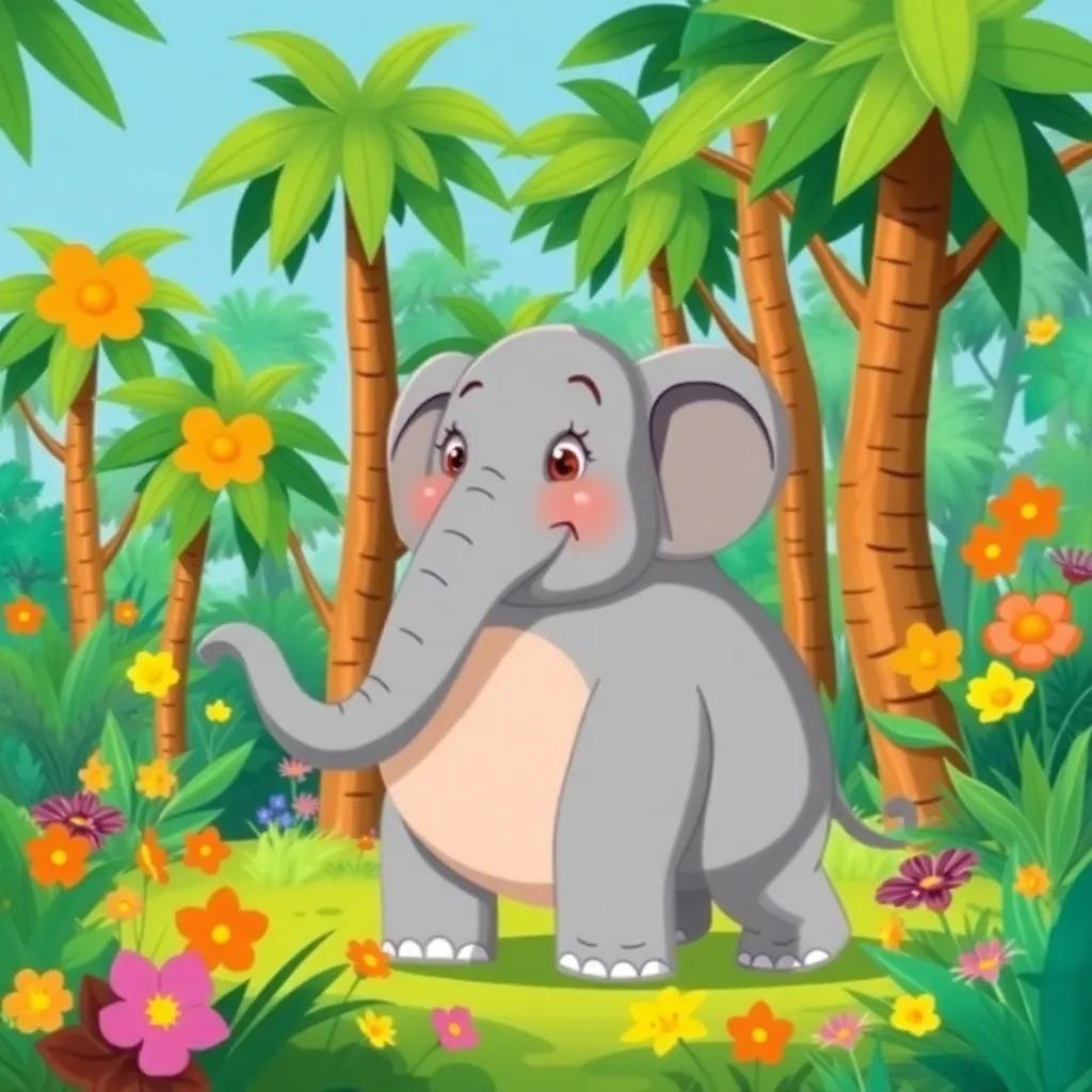 A big and fat elephant, Ella, with a round belly and long trunk, playing in a vibrant jungle with tall green trees and bright flowers, cheerful atmosphere, digital art, colorful, fun, child-friendly