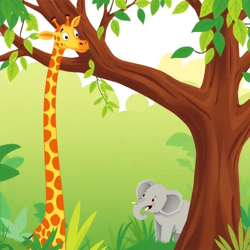 A tall and skinny giraffe, Gerry, with a long neck eating juicy leaves from a tall tree, with Ella the elephant watching happily beneath, cheerful jungle setting, bright colors, cartoon style, whimsical