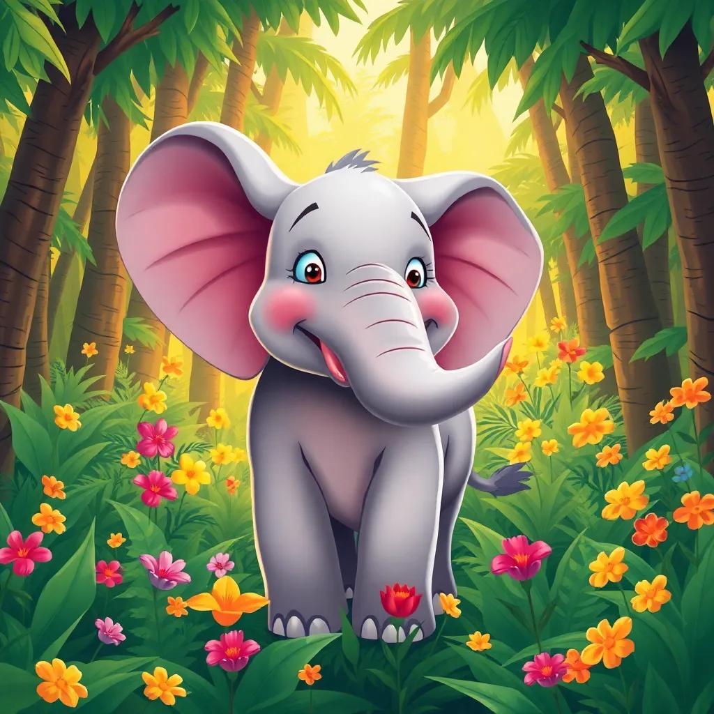 Ella the elephant, a large, round elephant with big ears and a long trunk, joyfully calling out in a lush jungle filled with tall trees and vibrant flowers, cheerful atmosphere, digital art, warm colors, uplifting mood, high quality