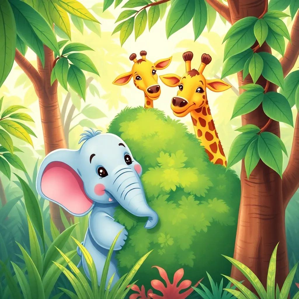 Ella the elephant, playfully hiding behind a thick green bush in the jungle, with Gerry the giraffe, a tall giraffe peeking through trees, both laughing together, bright sunlight, colorful foliage, cute and friendly, high quality