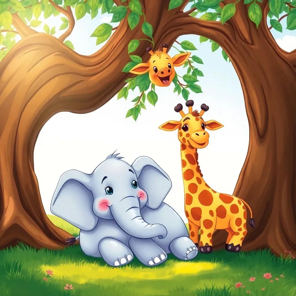 Ella the elephant, laying under a big tree with flapping ears, looking happy, while Gerry the giraffe, munching juicy leaves from the top, stretching his long neck, joy and friendship in the air, gentle sunlight, vibrant colors, detailed illustration, high quality