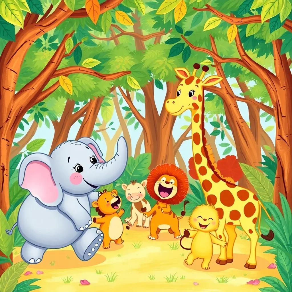 Ella the elephant and Gerry the giraffe, happily playing with a group of jungle animals, all laughing and dancing under a canopy of trees, colorful jungle background, filled with joy and excitement, friendly atmosphere, bright colors, detailed illustration, high quality
