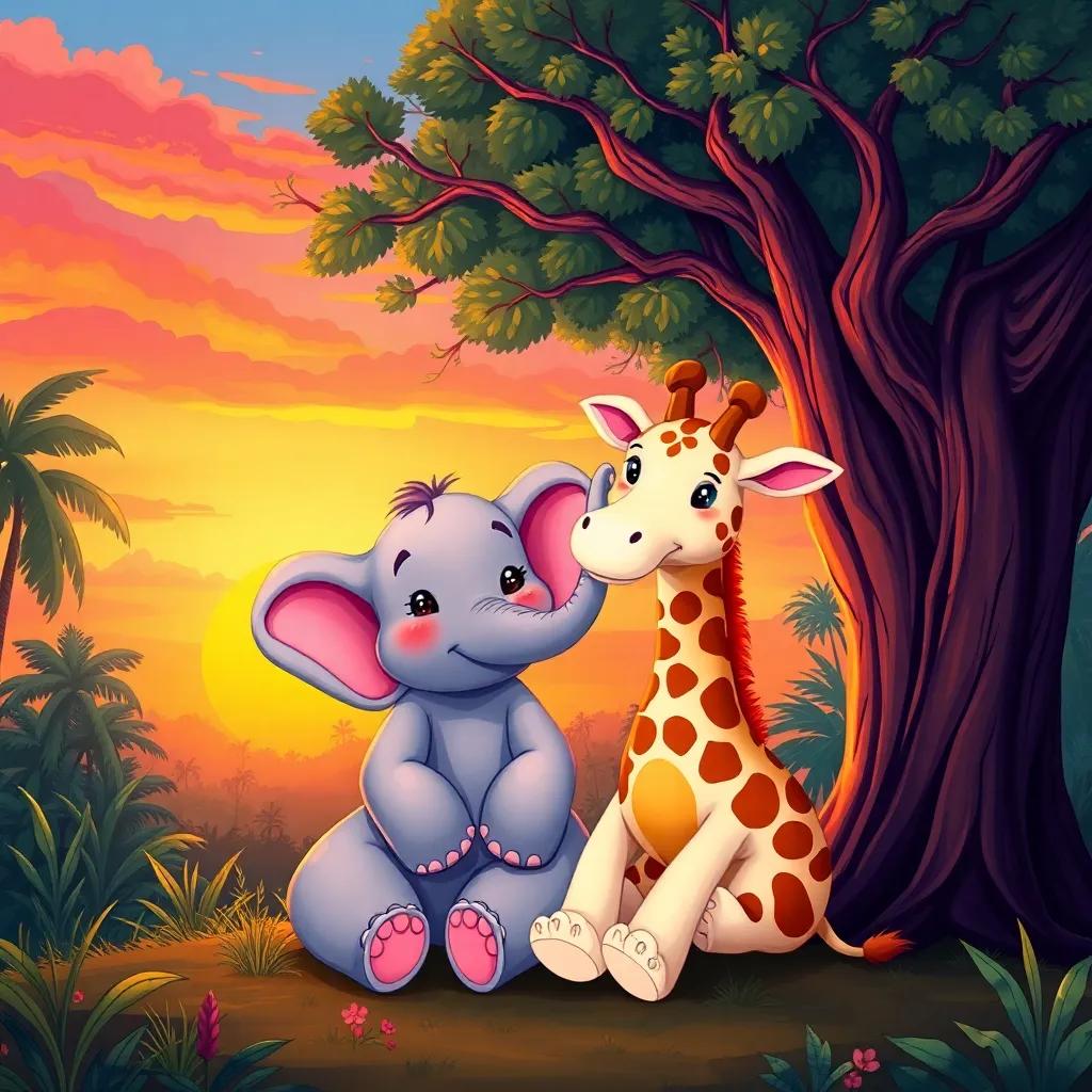 Ella the elephant and Gerry the giraffe, sitting together at sunset, the sky painted with orange and pink, both sharing a joyful moment under a magnificent tree, vibrant jungle surroundings, love and friendship theme, magical light, enchanting colors, high quality
