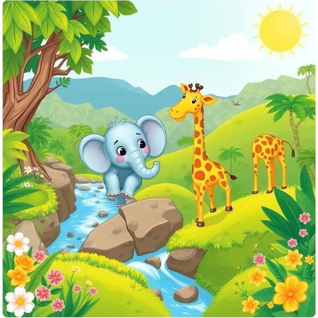 Ella the elephant and Gerry the giraffe, exploring the lush jungle together, climbing over hills and crossing rivers, filled with excitement and adventure, beautiful scenery with flowers and trees, bright sunny day, cheerful vibe, high quality