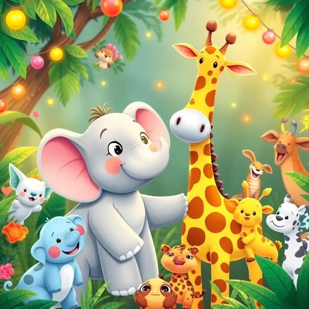 Ella the elephant and Gerry the giraffe, surrounded by various animals in the jungle, all celebrating their friendship, laughter and joy in the air, colorful decorations, warm light, friendly atmosphere, digital art, high quality