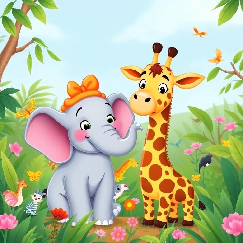 Ella the elephant and Gerry the giraffe, smiling at each other in the jungle, surrounded by colorful wildlife, showcasing their unique friendship, harmony and teamwork theme, vibrant colors, detailed illustration, high quality