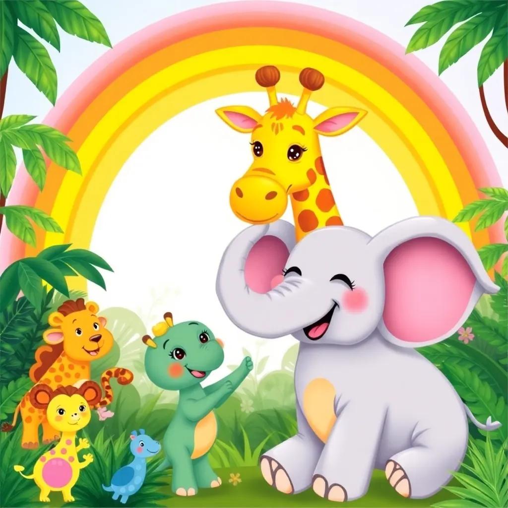 Ella the elephant and Gerry the giraffe, with a rainbow appearing in the background, symbolizing their strong friendship, surrounded by lush green jungle and cheerful animals, joyful and magical moment, bright colors, high quality