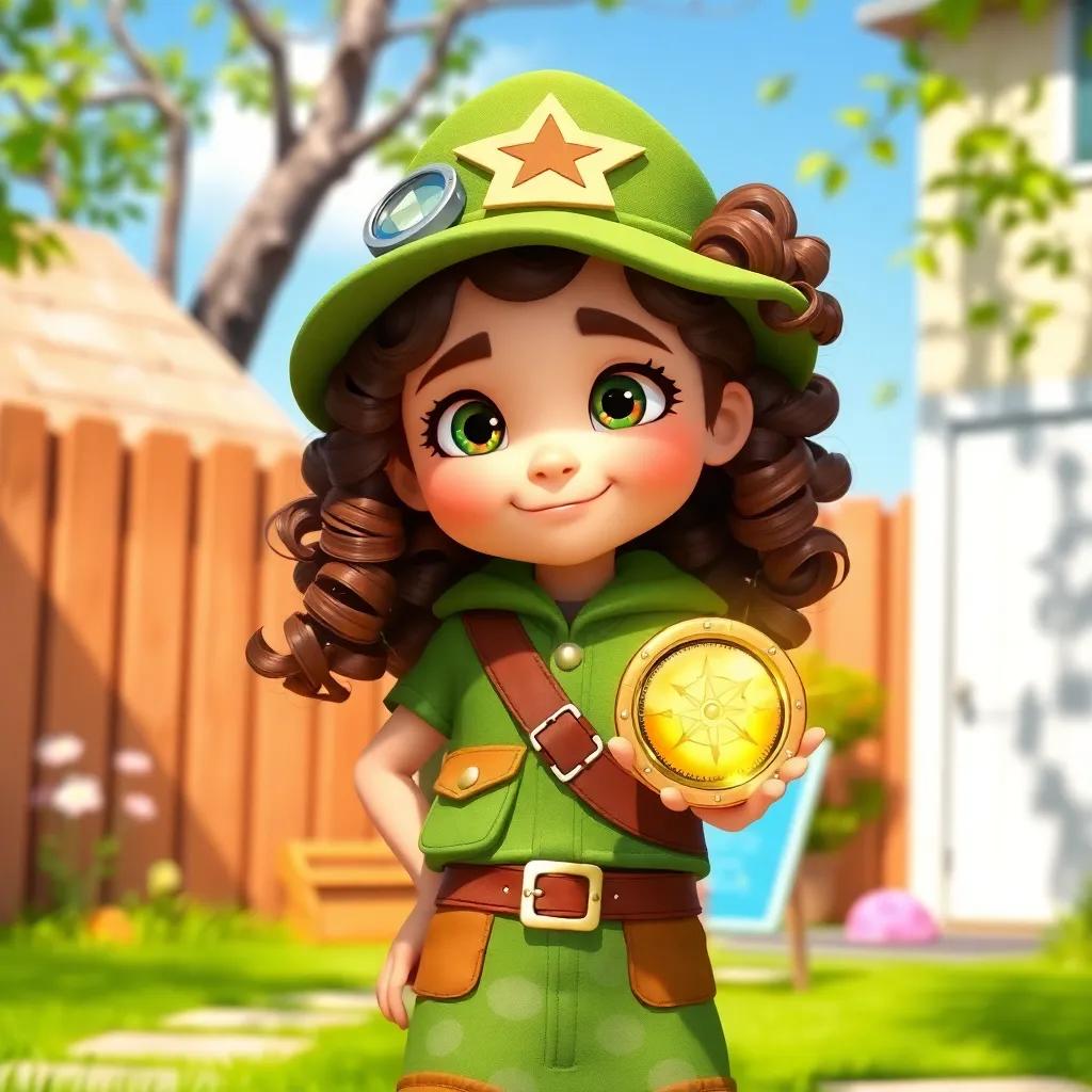A brave girl, Ella, with curly brown hair wearing a green explorer outfit, holding a shiny magical compass, standing in a sunny backyard, digital art, vibrant colors, cheerful atmosphere, high quality