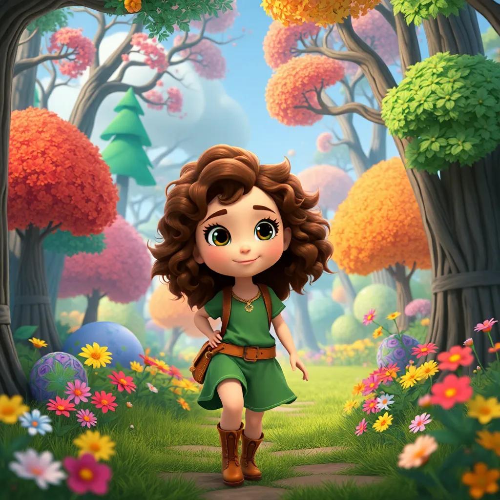 Ella, a brave girl with curly brown hair in a green outfit, walking into a whimsical forest filled with colorful trees and flowers, exciting scene, bright colors, enchanting view, high quality