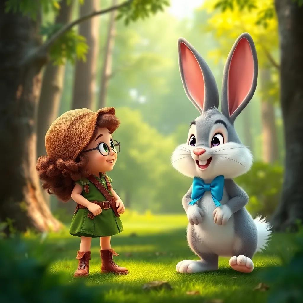 Ella, a brave girl with curly brown hair in green explorer clothes, meeting Benny the bunny, a fluffy white and brown bunny with a blue bow tie, in a vibrant forest clearing, joyful atmosphere, friendly interaction, high quality