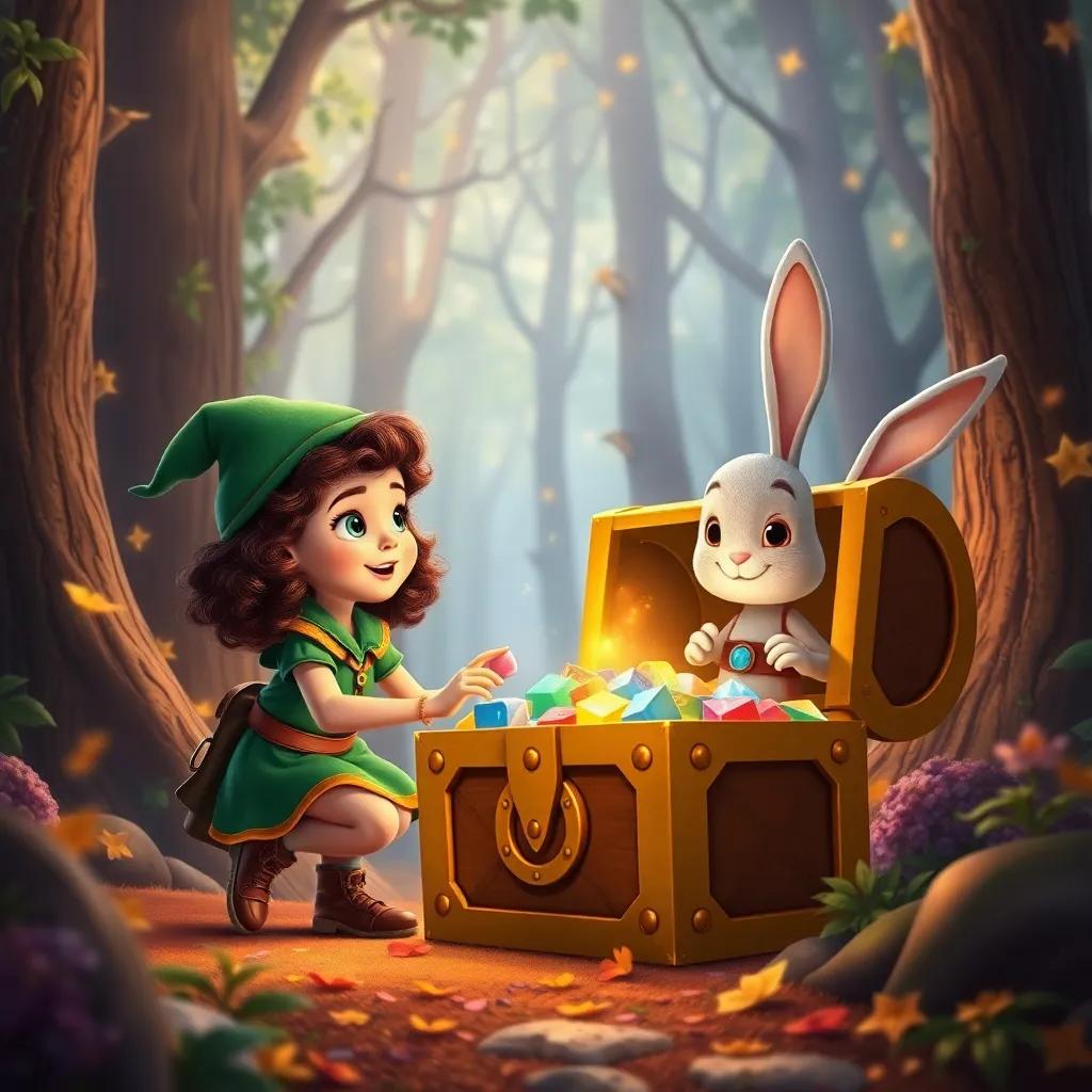 Ella, a brave girl with curly brown hair in her green outfit and Benny the bunny, opening a sparkling golden chest filled with colorful treasures in a magical forest, exciting scene, warm colors, high quality