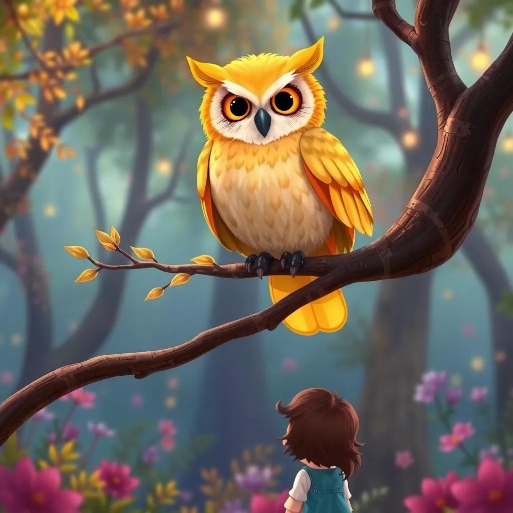 A wise owl, Luna, with golden feathers perched on a branch above Ella and Benny in a colorful forest, gazing down with a smile, whimsical and wise atmosphere, magical feeling, high quality