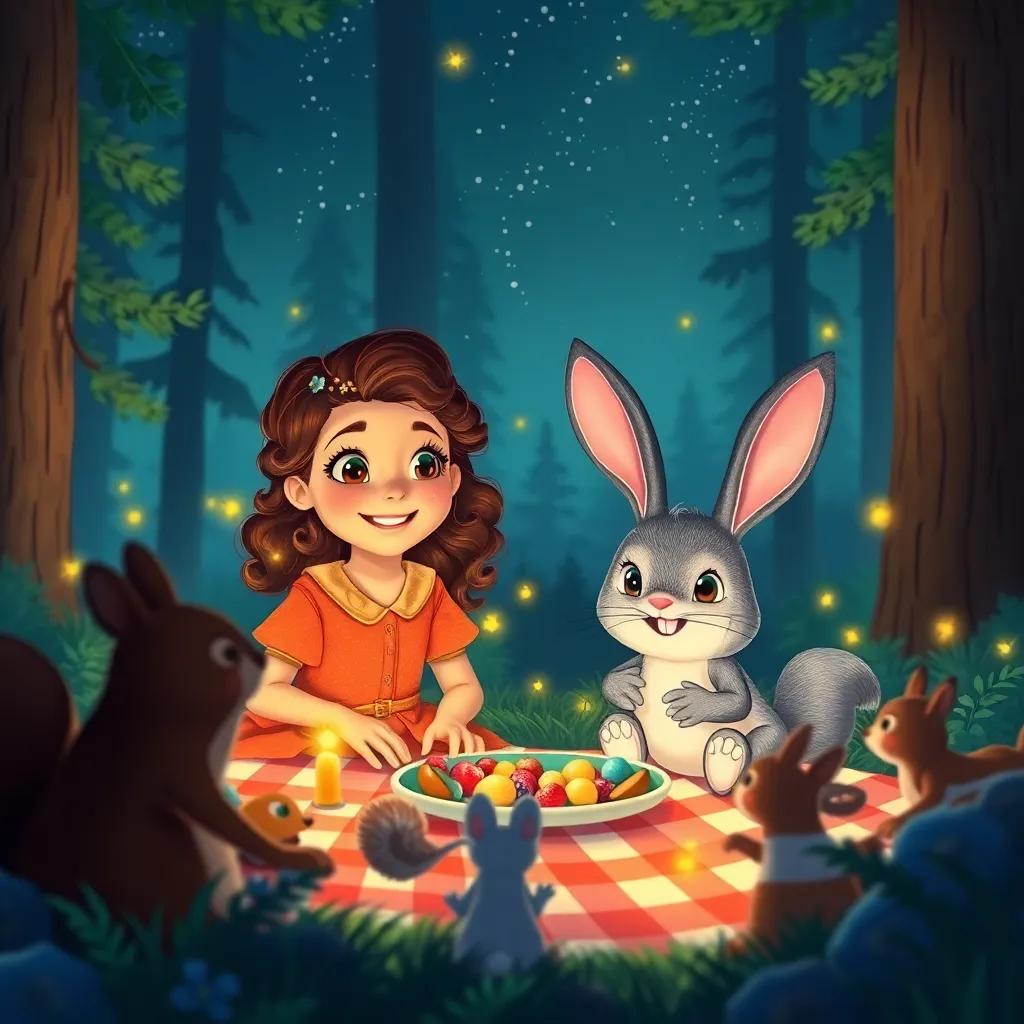 Ella, a brave girl with curly brown hair and Benny the bunny, surrounded by forest creatures like squirrels and fireflies, having a picnic in a vibrant forest under a starry sky, joyful atmosphere, cheerful interaction, high quality