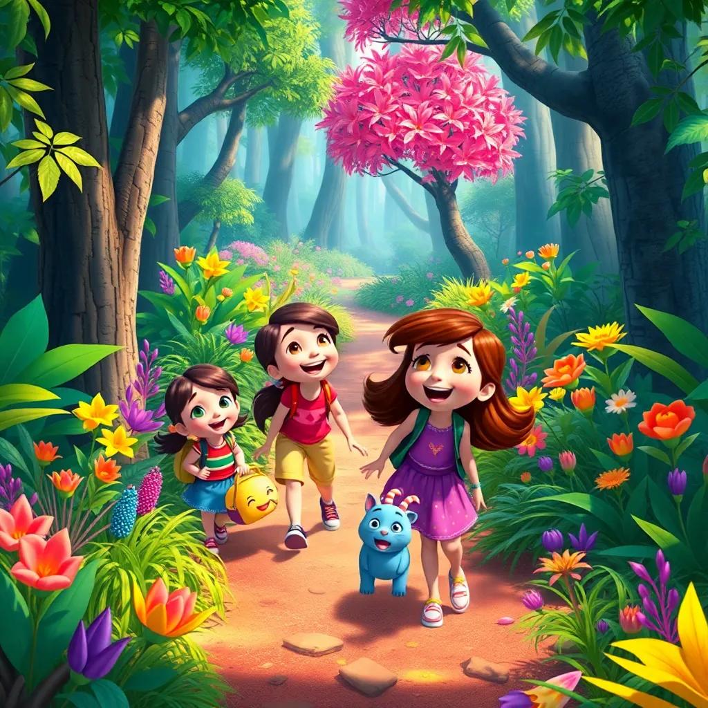Ella and her friends exploring the colorful forest together, laughing and discovering new paths, filled with colorful plants and friendly creatures, adventurous scene, bright colors, happy atmosphere, high quality