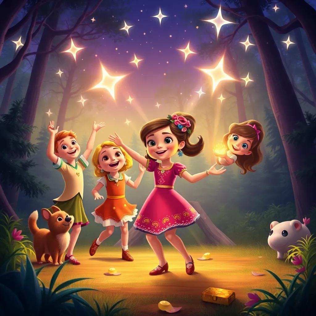 Ella and her friends, including Benny, dancing and celebrating under twinkling stars with their treasure, vibrant forest background, joyful scene, magical feeling, high quality