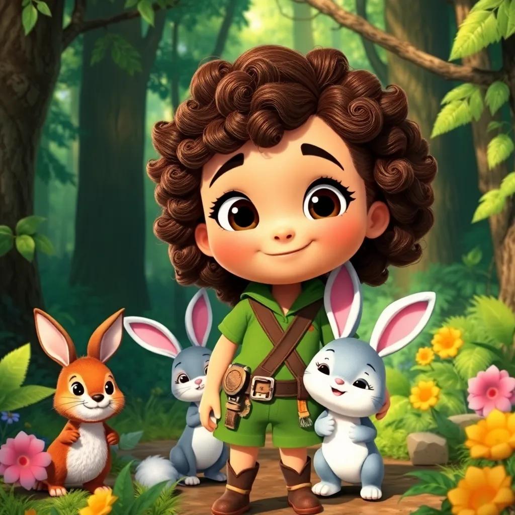 Ella, a brave girl with curly brown hair in green explorer clothes, with Benny the bunny and other forest friends, happily exploring the whimsical forest together, adventure-filled atmosphere, exciting colors, high quality