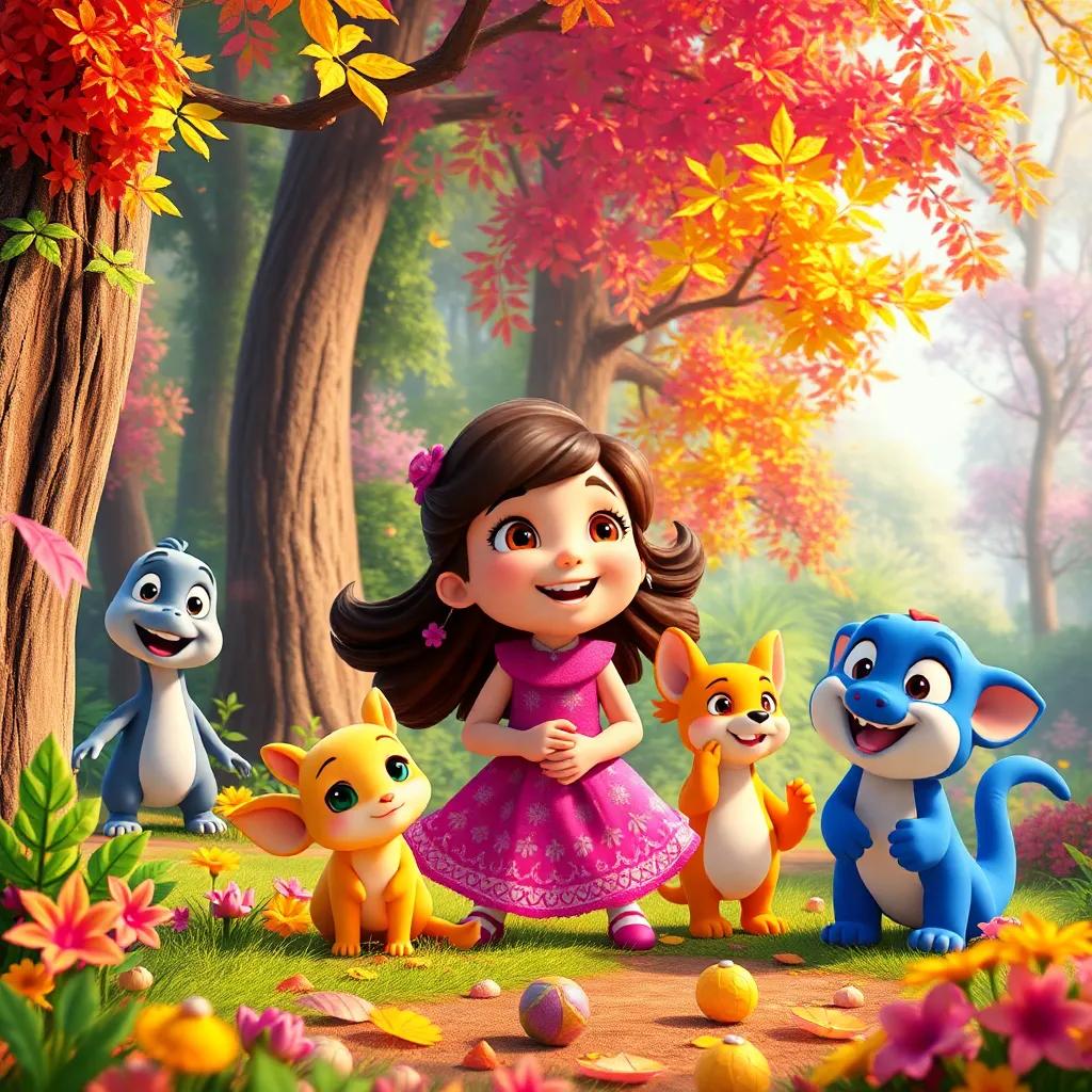 Ella and her friends enjoying their adventures in a colorful forest with treasures and joy in their hearts, beautiful scenery, harmonious atmosphere, high quality