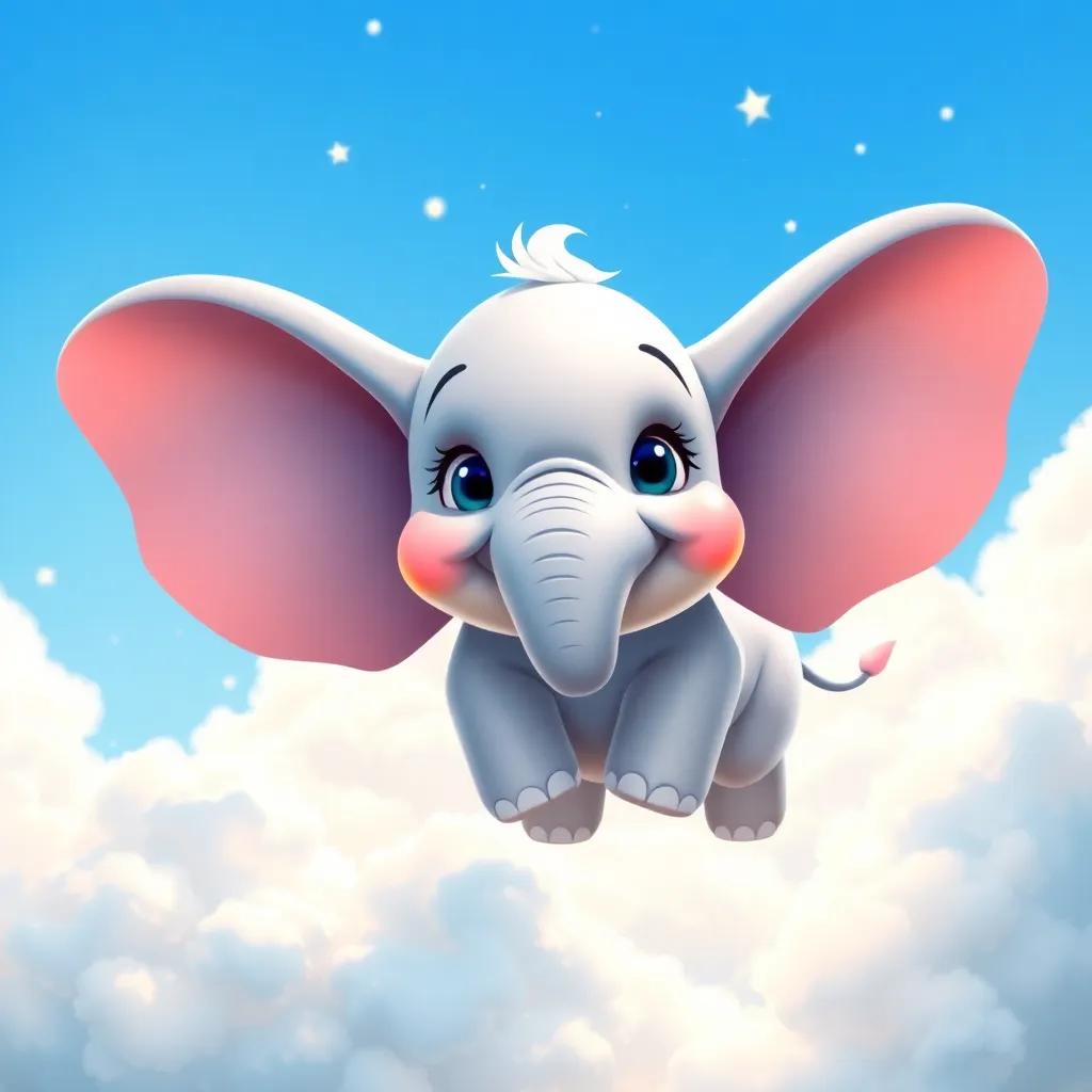 A joyful elephant, Ella, with large ears fluttering, flying gracefully among fluffy clouds with a magic sprinkle of fairy dust, bright blue sky, playful, whimsical, colorful, high quality