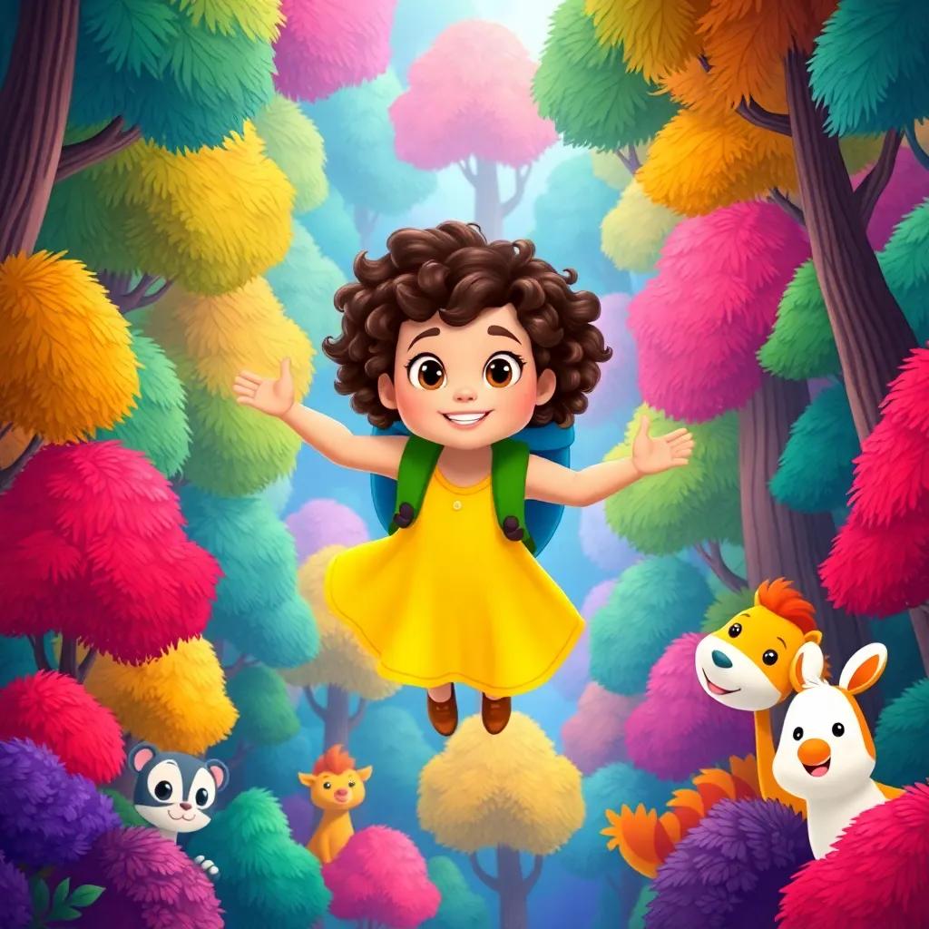 Ella, a little girl of six, with curly brown hair in a bright yellow dress, flying above a colorful forest with her magic backpack, surrounded by vibrant trees and friendly cartoon animals looking up at her, playful illustration, adventure-themed, high quality