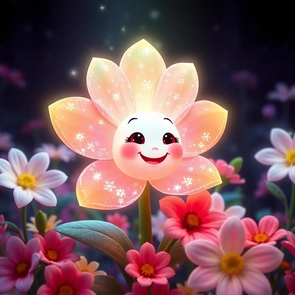 A glowing flower named Petal, with sparkling petals and a friendly face, speaking to Ella, surrounded by blooming flowers, magical sparkle effects, cheerful setting, high quality