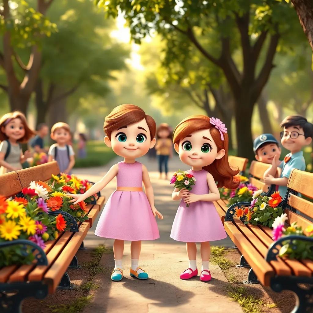 Ella and Petal standing proudly in a park, placing colorful flowers on benches, delighted children and parents smiling in the background, warm sunlight, inviting scene, high quality