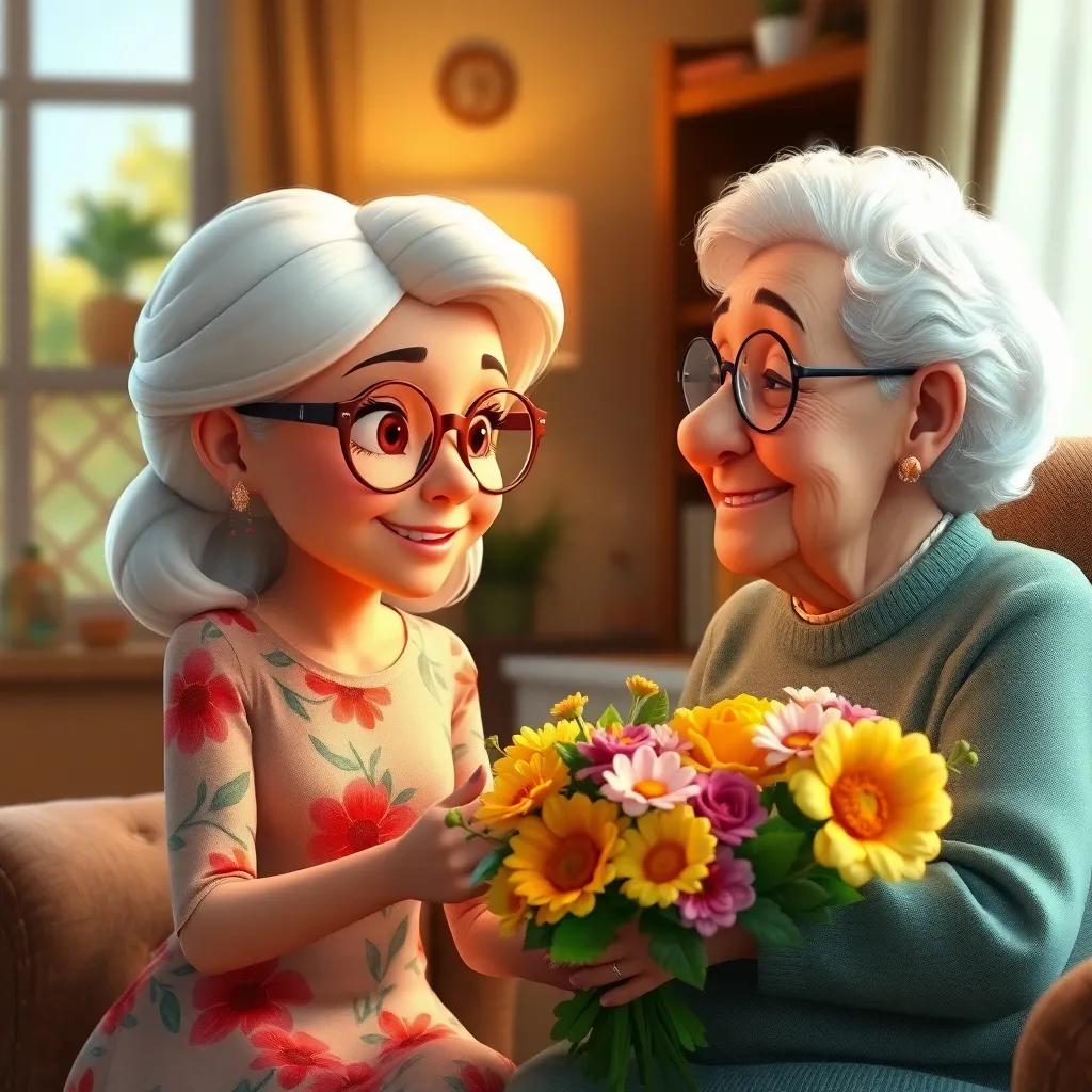 Ella visiting an elderly lady, with snow-white hair and warm glasses wearing a floral dress, sharing a bouquet of flowers, cozy home setting, heartwarming interaction, warm light, high quality