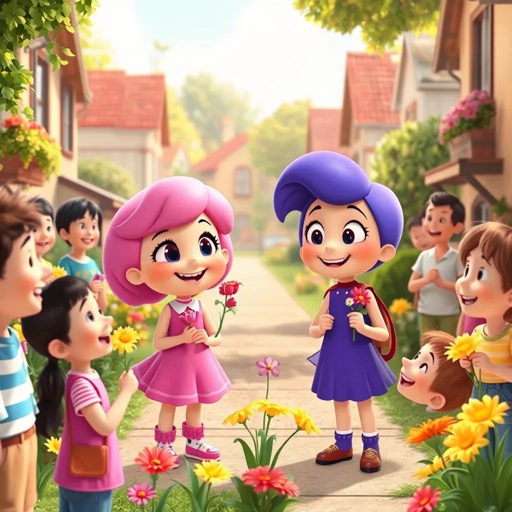 Ella and Petal with other flowers happily spreading kindness, with people of all ages joyfully accepting flowers, colorful neighborhood scene, friendly and warm vibe, high quality