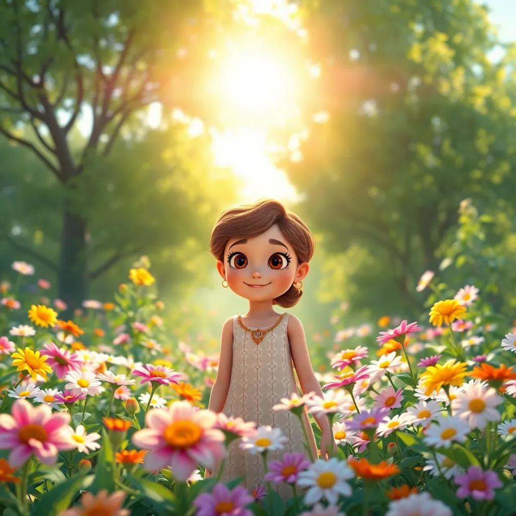 Ella in her garden surrounded by blooming flowers, looking determined and happy, radiant sun shining above, green trees in the background, a sense of adventure and magic, high quality