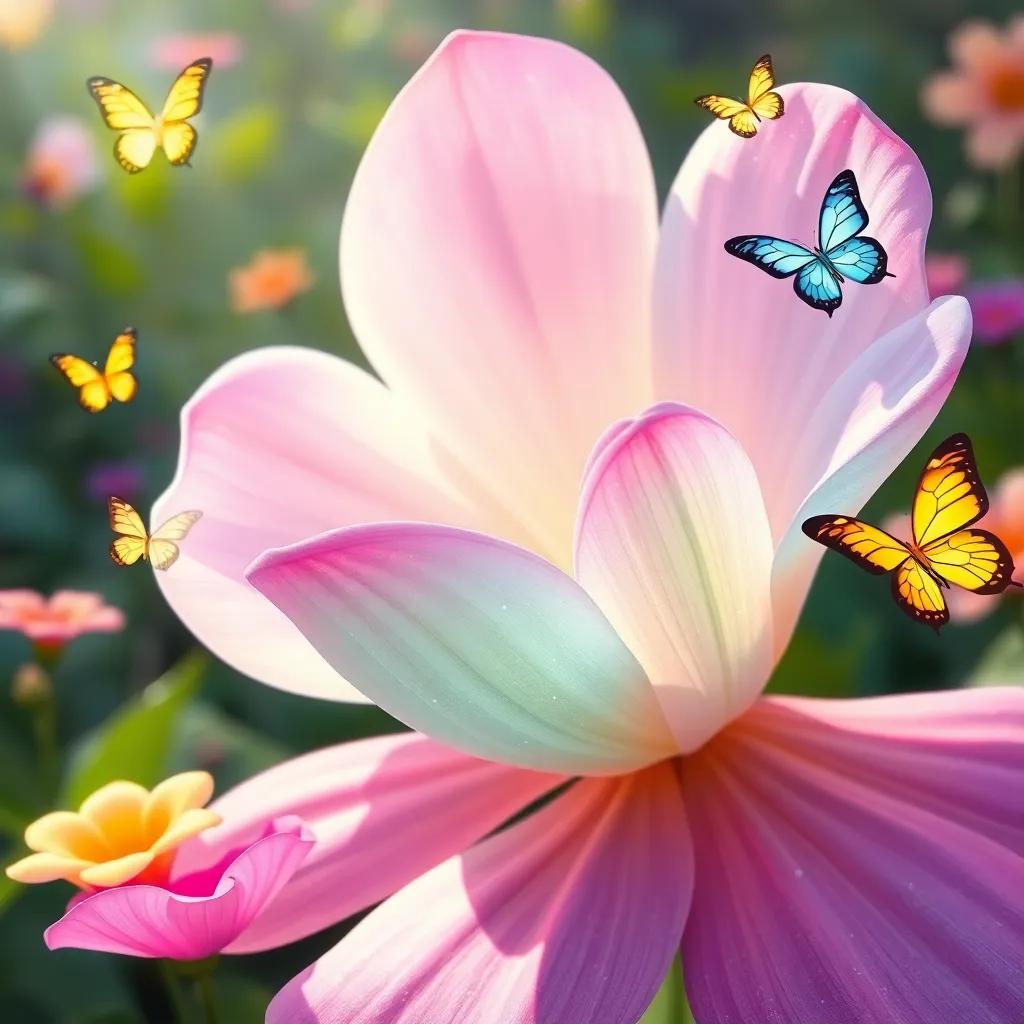 A close-up of Petal, the magical flower, with shining petals talking to Ella as butterflies flutter around them, a whimsical garden atmosphere, bright and colorful, child-friendly, high quality