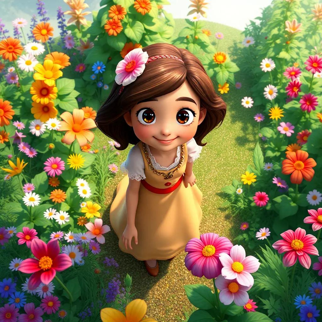 Ella and her garden, filled with flowers and plants, seen from above, showcasing the beauty and wonder of nature, vibrant and inviting, magical feel, high quality