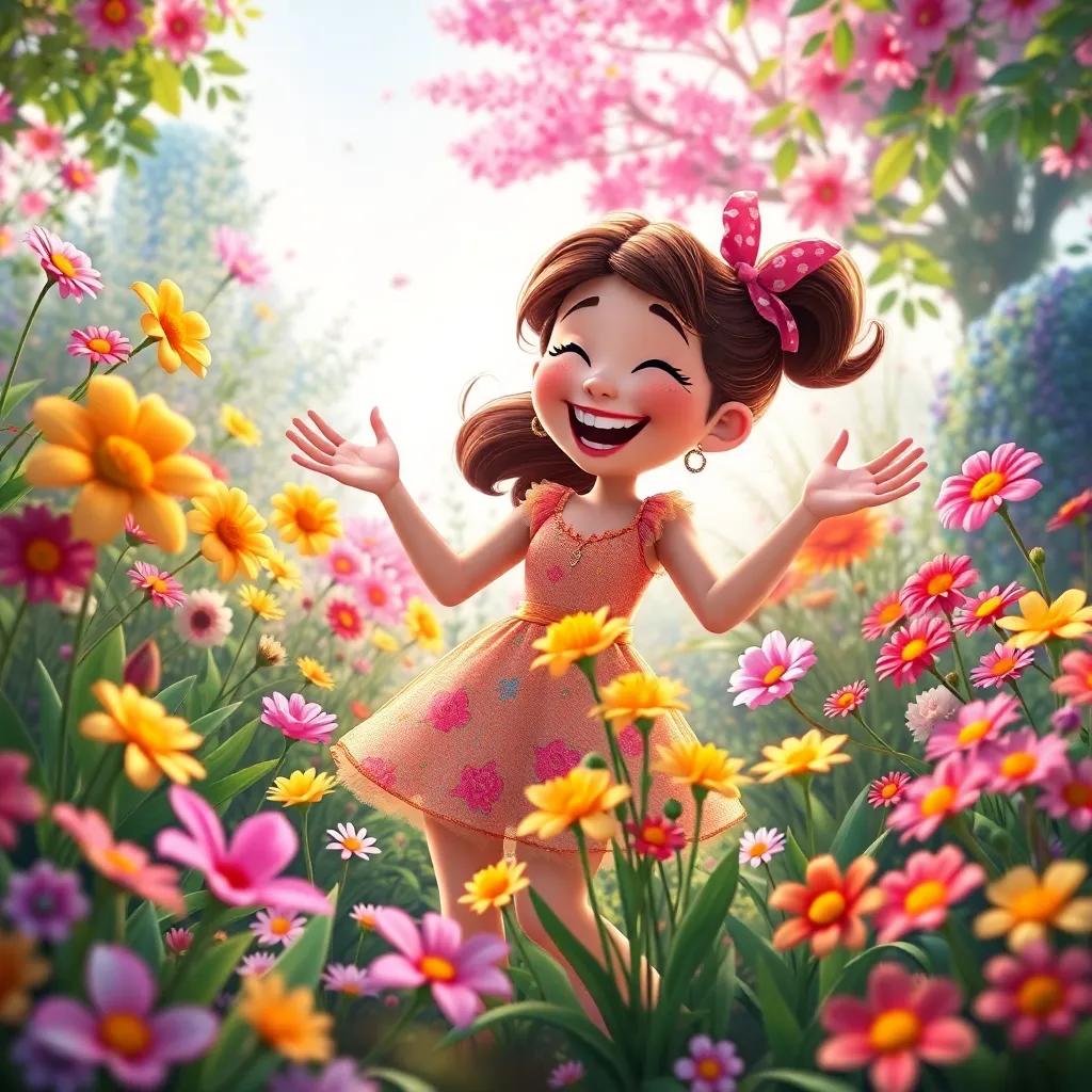 Ella joyfully playing with her flowers in her magical garden, laughing and dancing, surrounded by nature's beauty, colorful scene, uplifting and inspiring, high quality