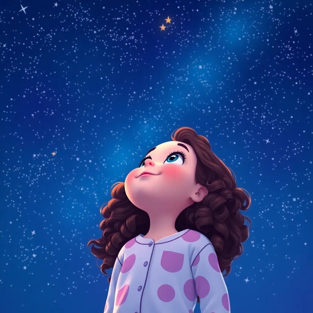 A young girl, Ella, with curly brown hair, wearing pajamas, looking up at a clear night sky filled with thousands of stars, feeling excited and curious, digital art, rich colors, inviting atmosphere, high quality