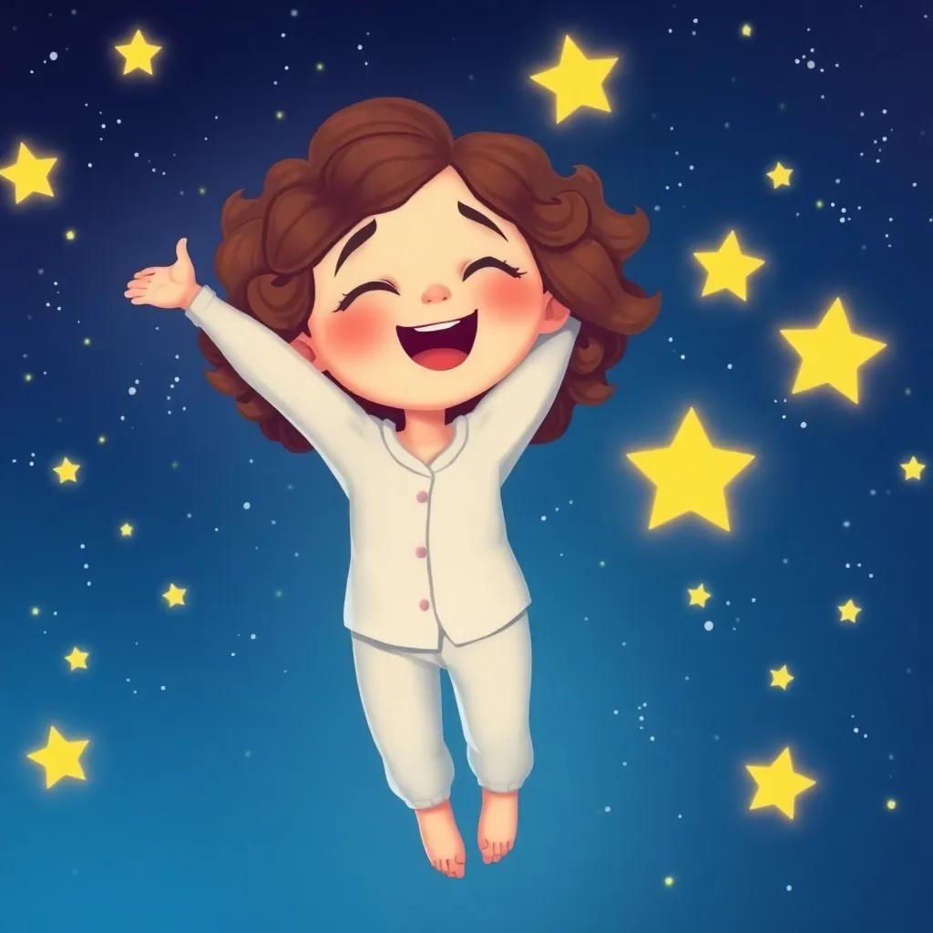 Ella, a young girl with curly brown hair in pajamas, now floating in the night sky, surrounded by bright, twinkling stars, laughing with joy, illustration, magical, vibrant colors, child-friendly