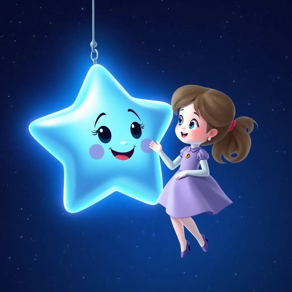 Luma, a friendly star, shining in blue and silver hues, smiling at Ella, both suspended in the starry sky with constellations in the background, digital art, cheerful, cosmic theme, high quality