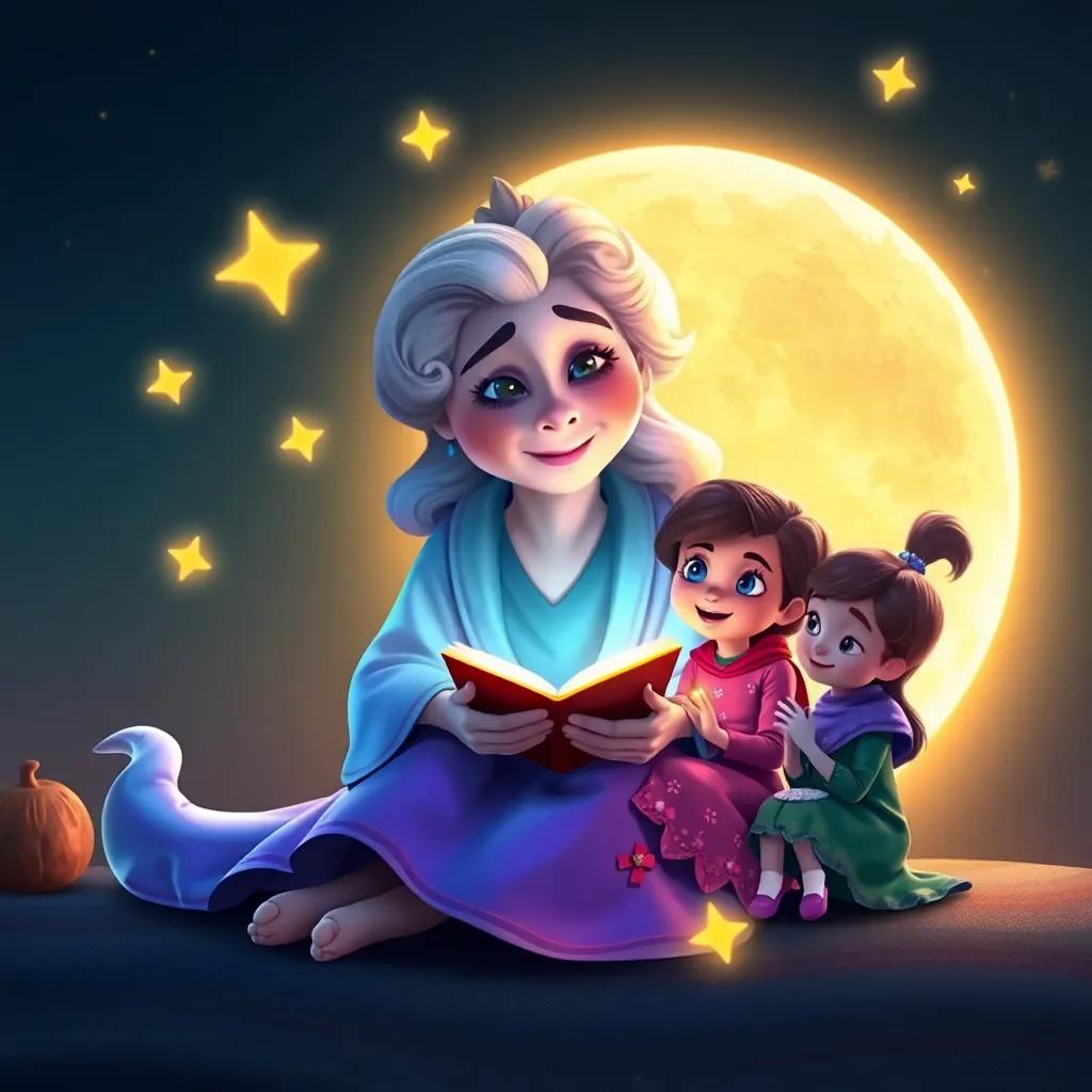 Mira, a wise old moon with a gentle face and twinkling eyes, sitting gracefully with glowing stars around her, sharing stories with Ella and Luma in a peaceful scene, digital art, warm colors, storytelling atmosphere, high quality