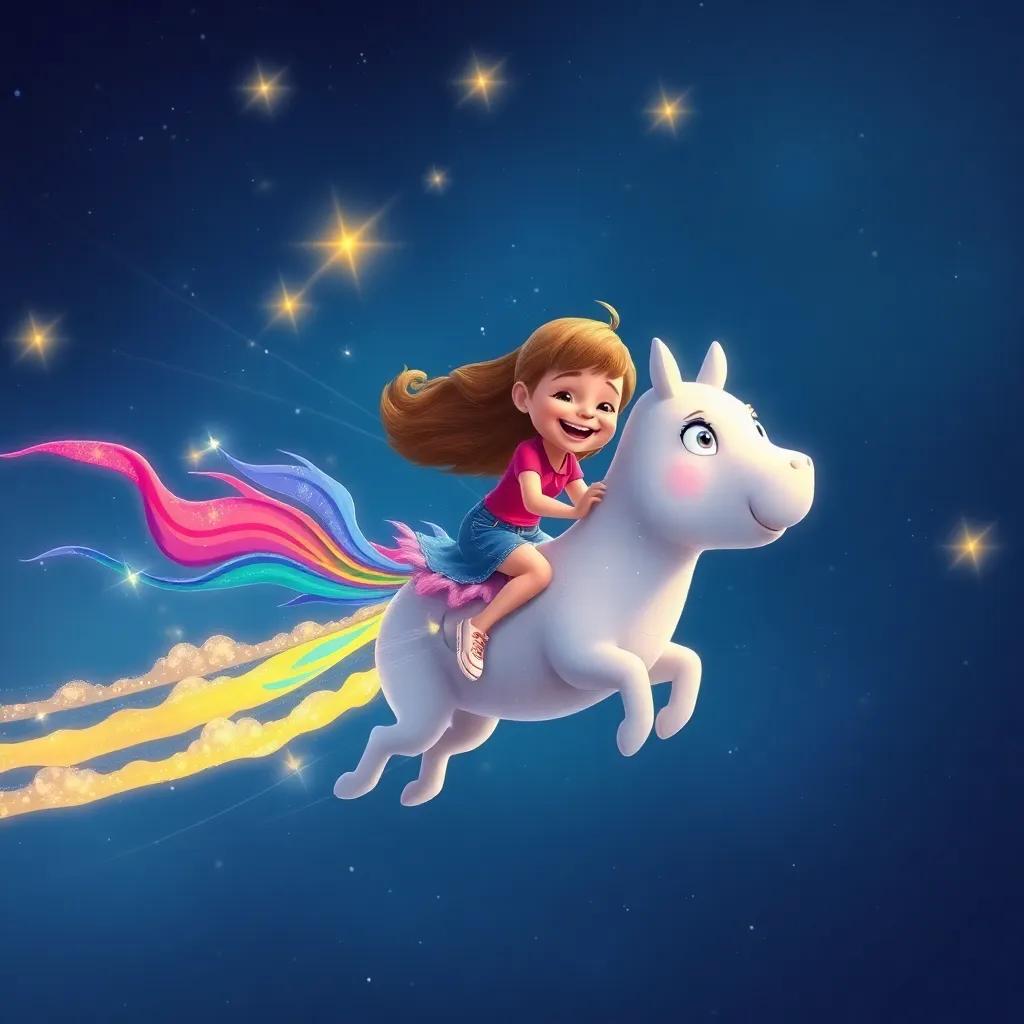 Ella riding a sparkling comet with colorful tails, zooming through the night sky, laughter and excitement on her face, surrounded by other comets, digital painting, high energy, playful colors, high quality