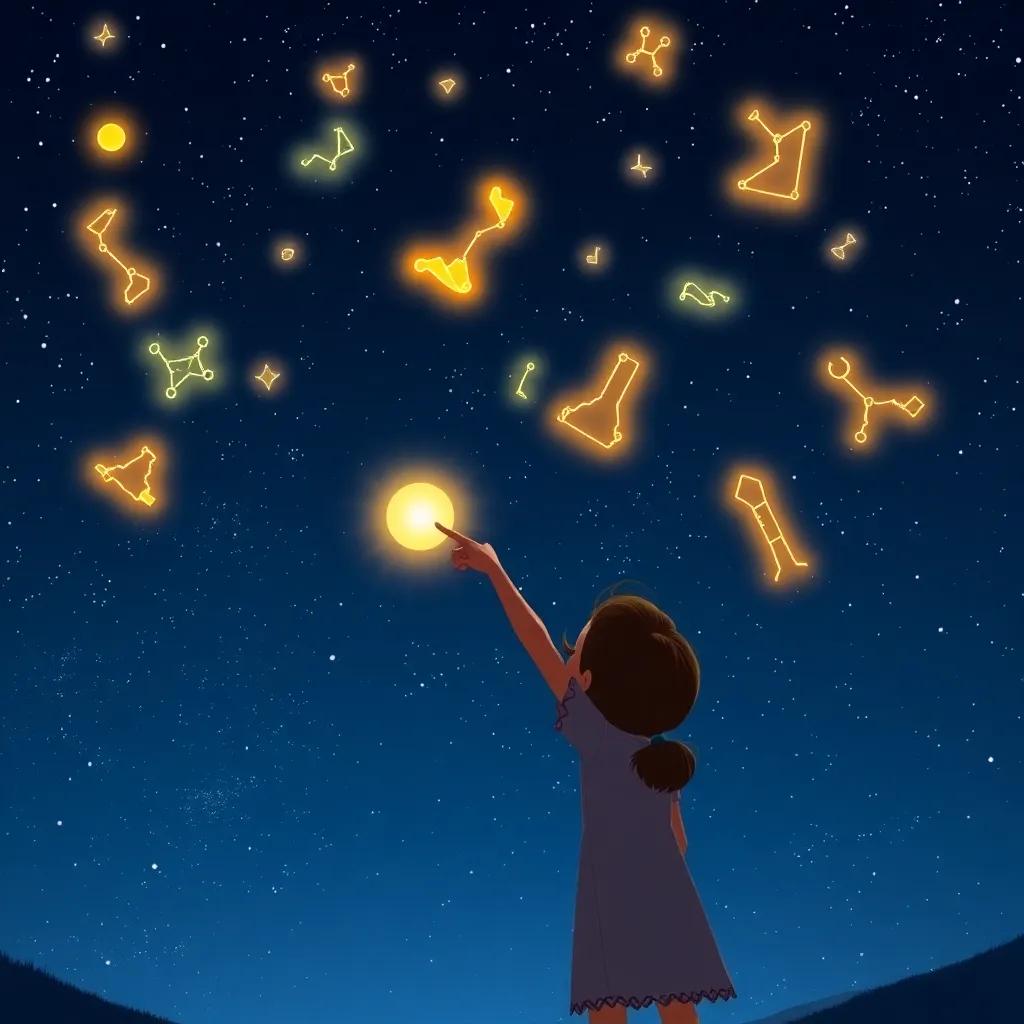 Ella and Luma pointing at various constellations in the night sky, each constellation glowing brightly, illustrating different tales of adventure, blown-up digital art, informative, engaging, high quality