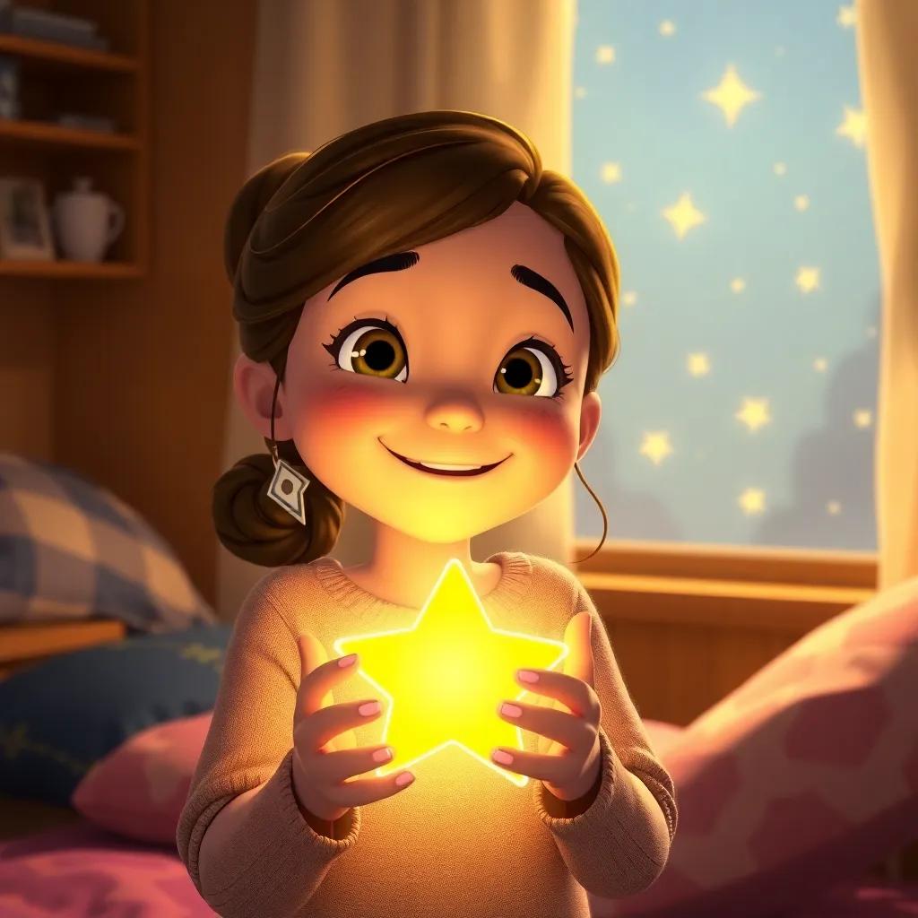 Ella smiling brightly as she holds a glowing star charm given to her by Luma, back in her bedroom with stars twinkling outside her window, digital art, cozy atmosphere, warm colors, high quality