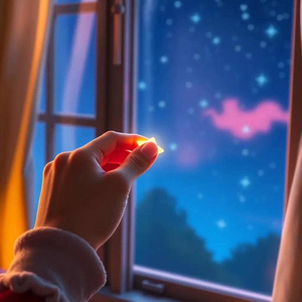 A close-up of Ella's hand gripping the glowing star charm, with the window showing a starry scene outside, symbolizing her connection to the universe, digital art, intimate, warm lighting, high quality