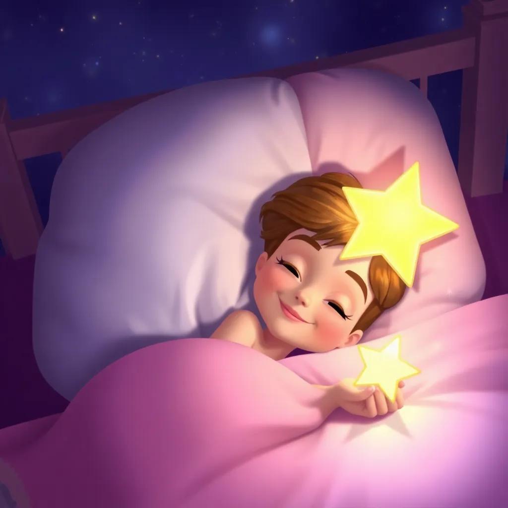 Ella lying in bed looking content, with the star charm glowing softly beside her, dreamlike atmosphere, stars twinkling outside, digital art, peaceful colors, high quality