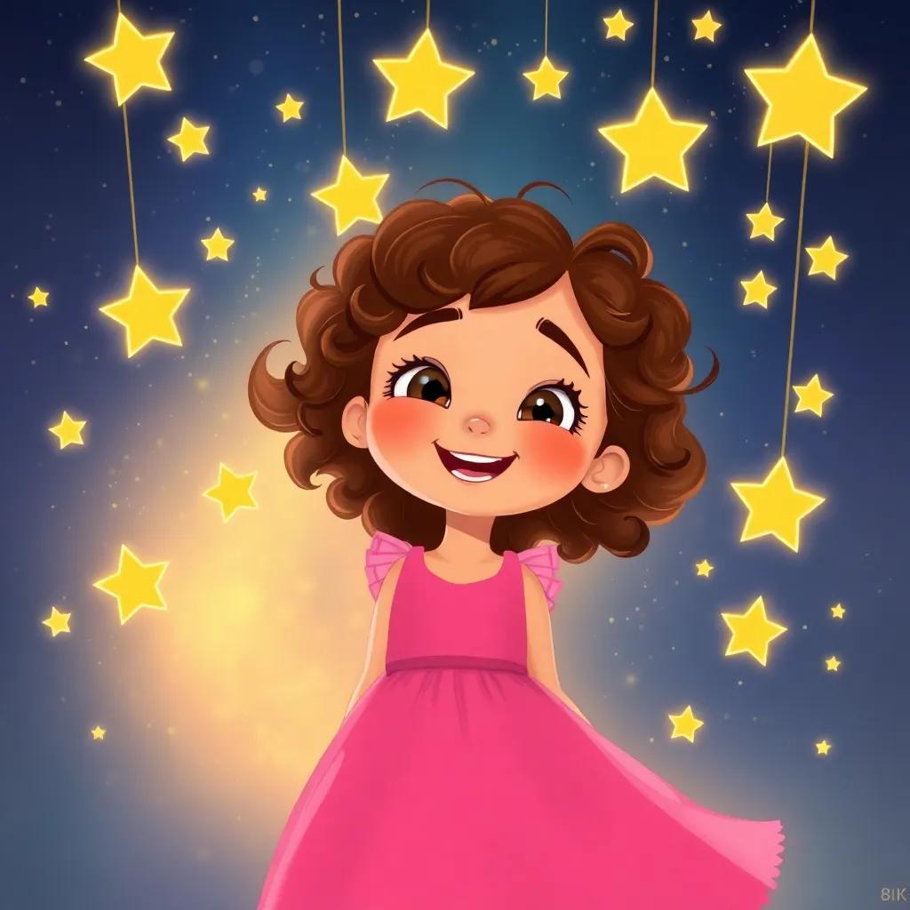 A young girl, Ella, with curly brown hair wearing a bright pink dress, surrounded by twinkling stars coming down to dance with her, joyful expressions, magical night sky, digital illustration, enchanting style, warm colors, high quality