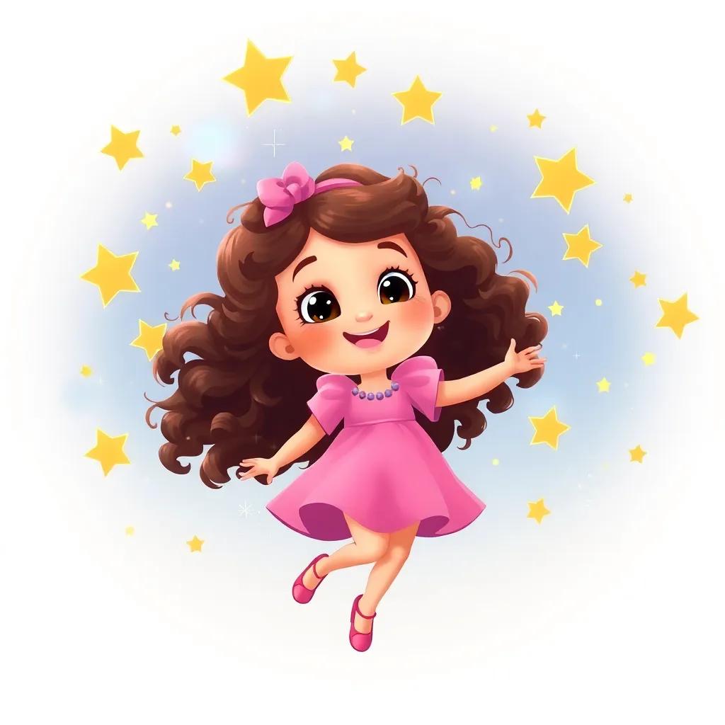 Ella, a young girl with curly brown hair in a pink dress, spinning around with stars around her, creating a magical dance party in the sky, joyful and vibrant colors, festive atmosphere, child-friendly, digital art, high quality