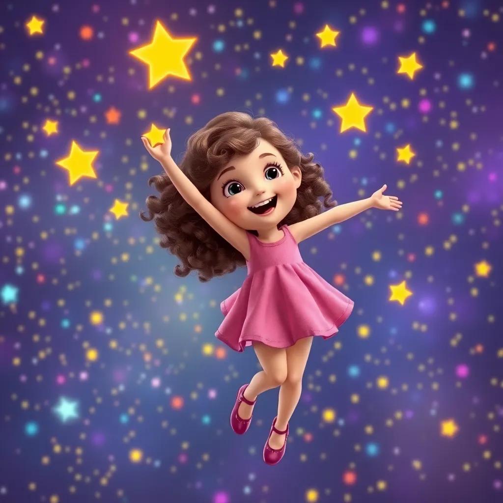 Ella, a young girl with curly brown hair in a pink dress, dancing in the air with bright stars, vibrant background of a colorful night sky filled with joy, playful style, joyful colors, child-friendly, high quality